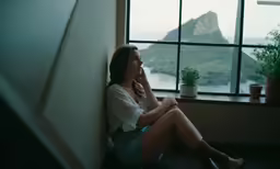 a woman sitting on a window sill looking out at the ocean