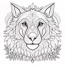 a coloring page with the wolf face and flowers,a drawing of a wolf