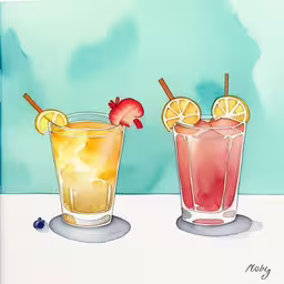 two cocktails with lemon wedges on the table,two colorful drinks with a straw, garnish, and garnished slice of lemon on each side,two colorful drink glasses sit on a table,two drinks on a table with two strawberries,two cocktails on a table one with a drink and one with two with slices of lemon