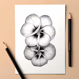 three flowers in black and white on a notepad with a pen