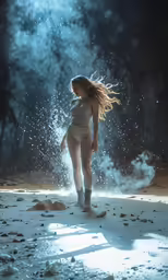 a woman standing in the middle of the snow with snow falling from her hair