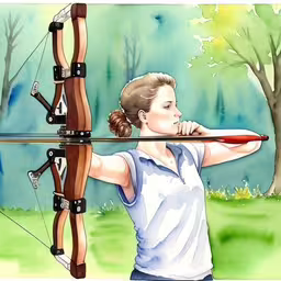 a woman with an archery bow aiming for the ball,a girl practicing archery for the camera with arrows in her hands