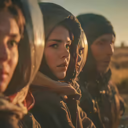 four people stand close together looking in different directions