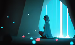 woman in hooded robe sitting on floor in front of wall