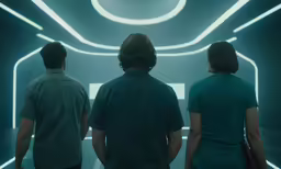 the back view of three people standing in front of an illuminated corridor