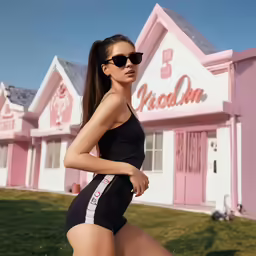 the young model poses for a photo in front of the pink dollhouse