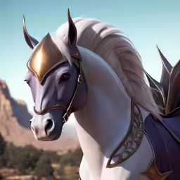 a white horse with long, golden horns and a golden outfit