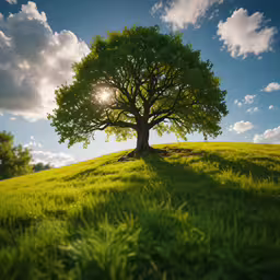 a green tree sitting on top of a lush green hillside