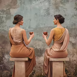 two women sitting on cement benches holding cups