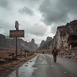 a person walking down the road with signs on the sides of it
