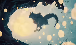 an animal jumping up into the air in front of lights