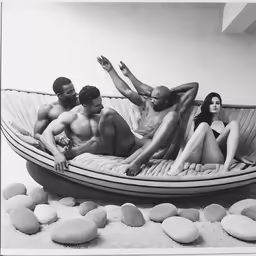 a group of people on a floating bed