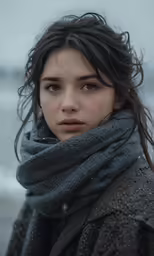 a young woman wearing a gray scarf and a dark coat looking at the camera