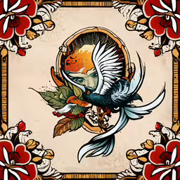 an old fashioned illustration of a bird with flowers on it,a bird and flowers in an art decouphole on a beige background