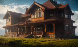 the old style house has balconies and two stories,a house with tall windows and a large deck