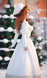 a young girl wearing white wedding gown and hat