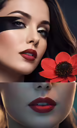 woman with flower and makeup on right side of face, dark background, white top
