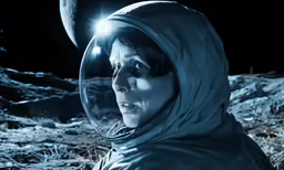 an alien woman wearing a spacesuit and staring at the moon