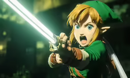 the link link in the video game has a sword and an angry look