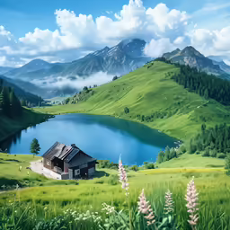 the lake is nestled on top of a green hill