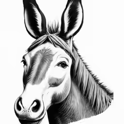 the head of a horse with black horns is shown