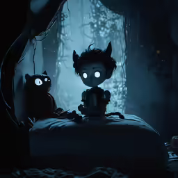 a person sitting on a bed with glowing eyes