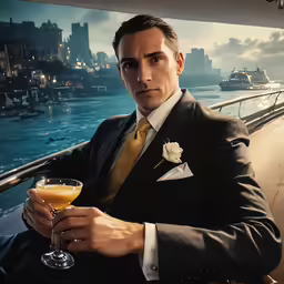 man in suite and tie holding a drink by a boat