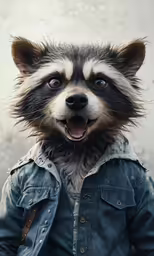 a cute racoon dressed in blue coat
