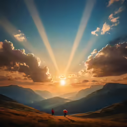 some people stand on a grassy hill watching the sun go down