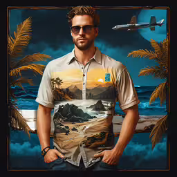 a poster of the actor thomas winchester, from the movie,man standing in front of the picture that shows a scenic beach