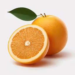 two orange halves with leaves next to each other