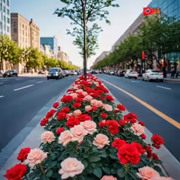 this planter has flowers on the side of the road