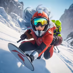 there is a snowboarder falling down and wearing goggles