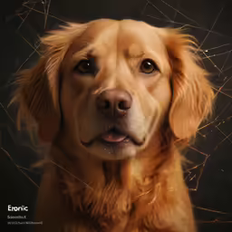 a close up image of a golden retriever dog with a spider web around its face