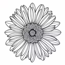 a black and white sunflower with lots of leaves on it,a large flower with petals drawn in black and white