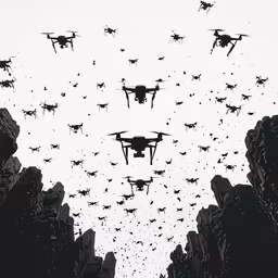 a big group of birds fly next to a tower