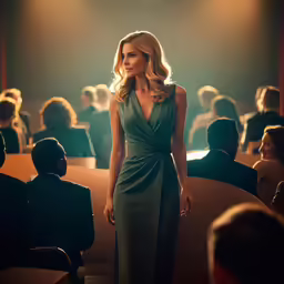 a beautiful blonde standing in front of an audience