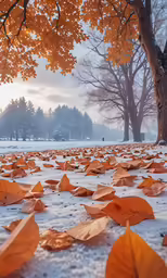 yellow leaves fallen in the snow near trees