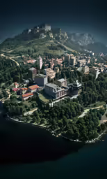 an aerial photo of some buildings and hills