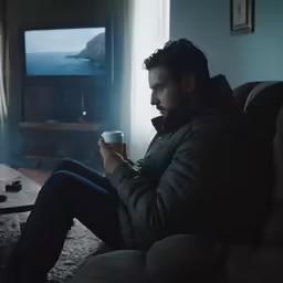 a man in a green jacket holding a cup looking at his phone