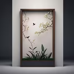 a frame has some flowers and a bird in it