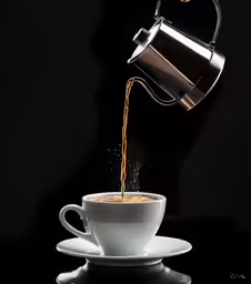 a coffee pot being poured onto a white cup