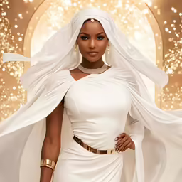 a woman in a white dress is wearing a cape