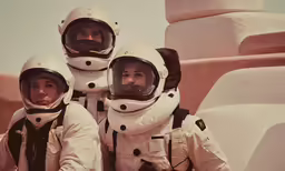 the two men in spacesuits are smiling for a picture