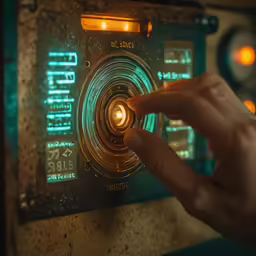 a person pressing button on electronic device showing clock