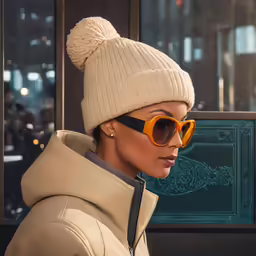 a woman in sunglasses and a hat looks into the distance