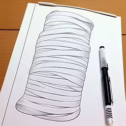 a drawing with a pen on it, which is next to a marker,a pencil drawing of a bottle on top of a table
