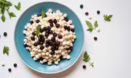 a blue plate topped with beans and mints
