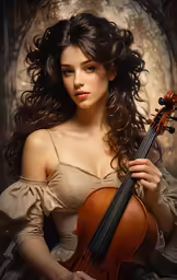 a woman holding a violin in her left arm