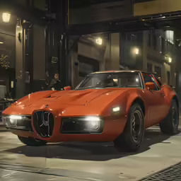 an orange vehicle parked on top of a cement floor